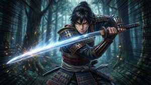 Un guerriero anime con fendenti di spada luminosi e linee d'azione in una foresta oscura.