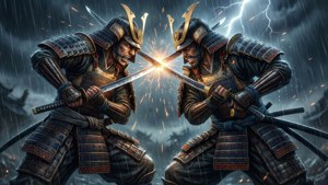 Epico duello anime in un temporale con azione ad alta energia, perfetto per i gamer