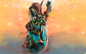 Fantasy elf archer with glowing eyes and ornate armor against a sunset sky with stars.
