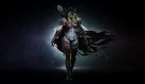Fantasy warrior woman in dark armor holding a sword and bow against a starry night sky.