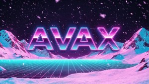 Retro 80er Synthwave-Tapete mit Neon-Lawine und AVAX-Schriftzug in Pink und Cyan.