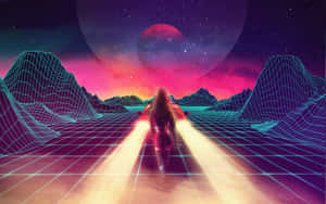 A person walks on a glowing grid path through neon wireframe mountains under a starry sky. — 80s Rock Background