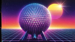 En retro 80-tals synthwave-estetik av Epcot Ball.