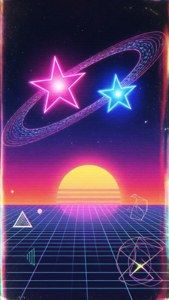 Deux étoiles au néon dans une affiche rétro des années 80 style synthwave avec des grilles.