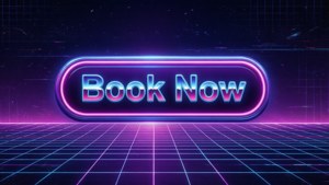 Retro 80s-knapp med neon-konturer på synthwave-grid-bakgrunn.