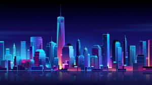 Neon city skyline at night with skyscrapers reflecting in water. — Blue Aesthetic Picture