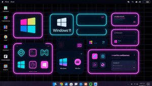 Windows 11 in dark mode with retro synthwave style