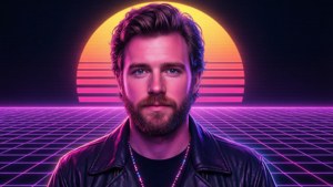 Luke Musgrave in retro synthwave style with neon grid and sunset background — Luke Musgrave Picture