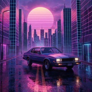 Ein Retro-Hintergrundbild einer neonbeleuchteten Stadt und eines Oldtimers im Synthwave-Stil.