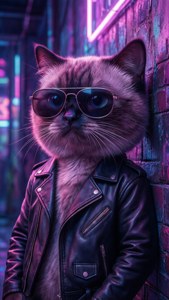 Popcat com óculos de sol e jaqueta de couro em um cenário neon synthwave