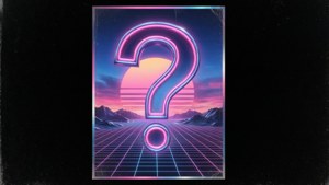 Poster retro synthwave dengan tanda tanya neon di atas lanskap grid dan matahari terbenam merah muda biru.