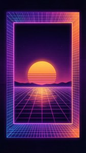 Retro 80-luvun synthwave-vektorikehys neonväreillä ja ruudukolla.