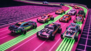 Hot Wheels-biler kjører på et neonlyst rosa spor i en retro 80-tallsverden.