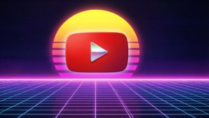 A retro 80s synthwave scene with a YouTube play button as the sun — YouTube Picture