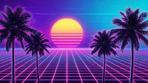 Un paysage vaporwave imprégné de néon avec une grille rétro et un coucher de soleil.