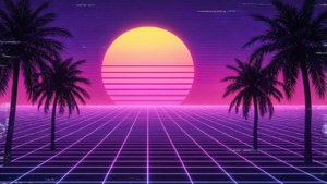 Un tramonto retro wave con griglia al neon e palme in ultra-wide