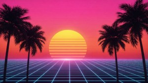 Ein retro 80er Sonnenuntergang mit Palmen und Neonraster.