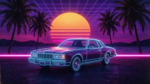 Retrowave-achtergrond met een neon vintage auto, palmbomen en een paars-oranje zonsondergangraster voor jaren 80-nostalgie