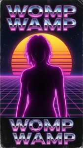 Affiche synthwave rétro des années 80 avec silhouette magenta Womp Womp.