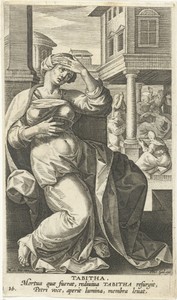 Tabita by Jan Collaert (II), created 1595 - 1599, in paper; engraving. Download this artwork as a high-resolution wallpaper for desktop, tablet, or mobile. — Jan Collaert (II) Wallpaper