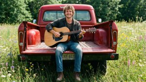 Man playing guitar in red truck bed in wildflower field — Bailey Zimmerman Picture