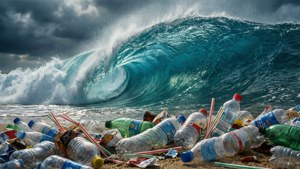 Un paysage marin dramatique où une vague immaculée rencontre une plage couverte de déchets, soulignant la dégradation de l'environnement.