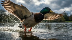 Eine Stockente, die mit ausgebreiteten Flügeln und spritzenden Tropfen aus dem Wasser fliegt.