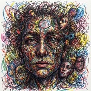 Gribouillage abstrait fou avec des lignes emmêlées et des visages cachés