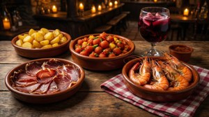 Un assortimento rustico di tapas spagnole con jamón e sangria, scena di taverna calda e invitante.