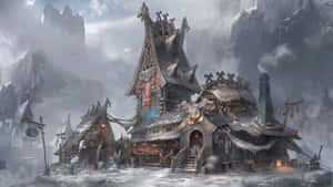 Viking longhouse in snowy mountains with mist and cloudy sky