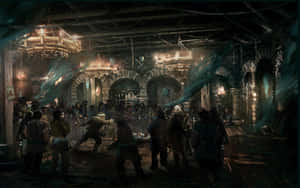 Medieval tavern brawl with crowd watching under hanging lanterns and chains.