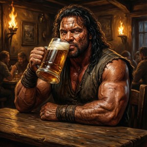 En rustikk bakgrunn av den ultimate krigeren som slapper av i en middelaldersk taverna.