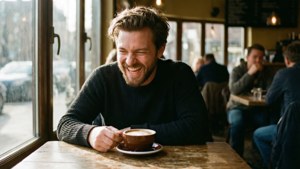 Taylor Kornieck capturada en un momento alegre y espontáneo en un acogedor café con iluminación dorada.