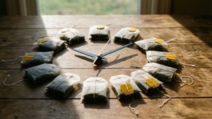 Een stillevenfoto van een klokgezicht gemaakt van gerangschikte theezakjes met labels als wijzers op een rustieke houten tafel in ochtendlicht