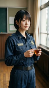 Un fond d'écran relaxant de style portrait de Miho dégustant du thé dans son uniforme de tankiste.