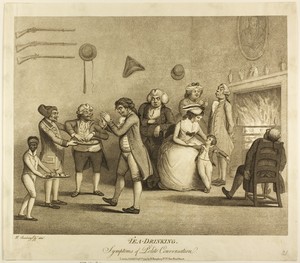 Tea Drinking by Henry William Bunbury, created published September 1, 1794, in Lithograph on paper. Download this artwork as a high-resolution wallpaper for des — Henry William Bunbury Wallpaper