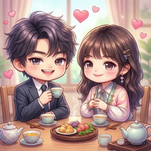 Chibi Sakamoto and Lu enjoy a cute tea party. — Sakamoto Days Wallpaper