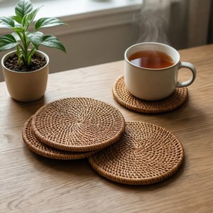 En minimalistisk flat lay med kurvflettede underlegg, te og en plante.