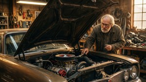 Doc Hudson viser motordele med åben motorhjelm.