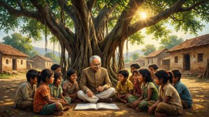 Ambedkar underviser barn under et banyantre, pastoralt maleri