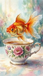 A goldfish jumps from a decorative floral teacup in a watercolor scene. — Goldfish Background