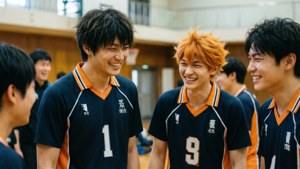 Tsukishima che ride con Hinata e Daichi, un raro momento di gioia di squadra.