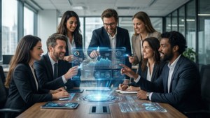 Mangfoldig team som samarbeider rundt et holografisk CRM-grensesnitt i et moderne kontor.