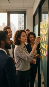 A dynamic team meeting with sticky notes for effective management and teamwork.