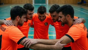 Futsal-lagets samling som visar enhet och beslutsamhet inför matchen