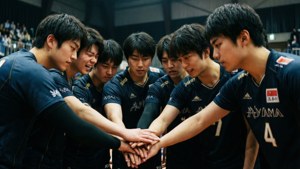 Asahi samlas med Karasuno-spelarna för en pre-game huddle.