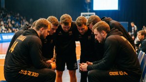 Équipe de basket en uniformes noirs se rassemble sur le terrain.