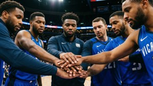 Leadership wallpaper of Victor Oladipo in a team huddle.
