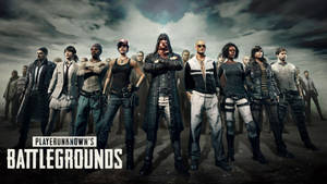 Imagem promocional de personagens do PUBG em um campo de batalha tempestuoso.