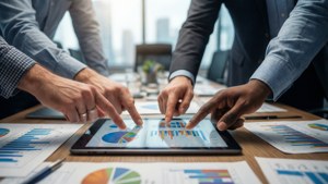 Forretningsteam analyserer datadiagrammer på et nettbrett under et møte.